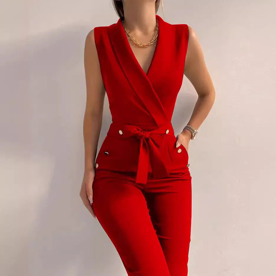 Women's Sleeveless Jumpsuit Solid Color Overall Bodysuit Clothing Office Style V-neck Lace-up Jumpsuits High Waist Belt Pants