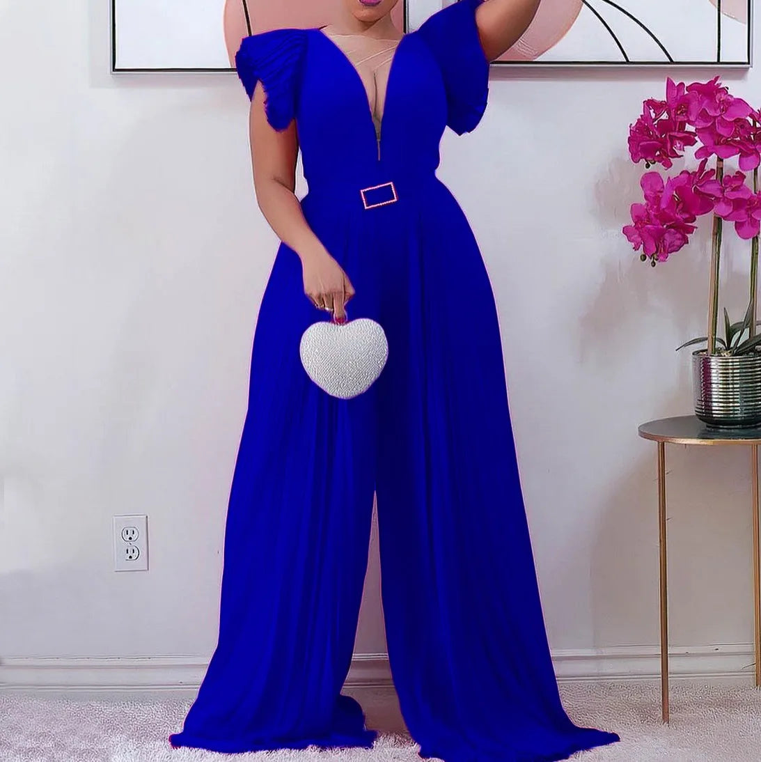 Pleated Jumpsuits for Women Elegant 2024 New V Neck Ruffles Sleeve High Waisted Floor Length Luxury Party Dinner Celebrate Cloth