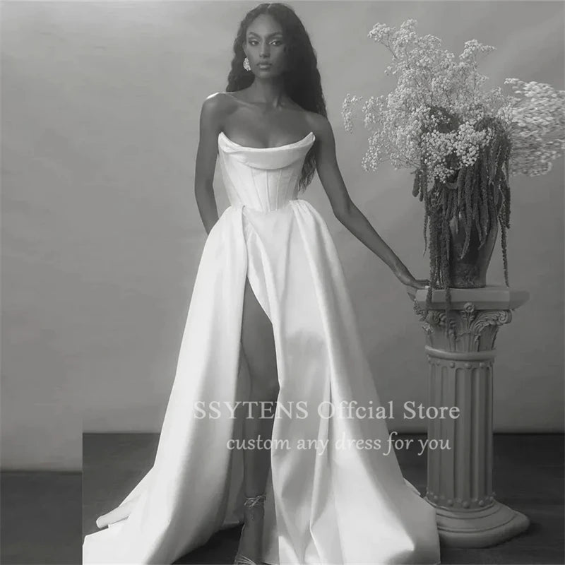 SSYTENS Classical Wedding Dresses for Woman White Satin High Slit Customized Vestidos De Novia Long Dress Women Elegant Party