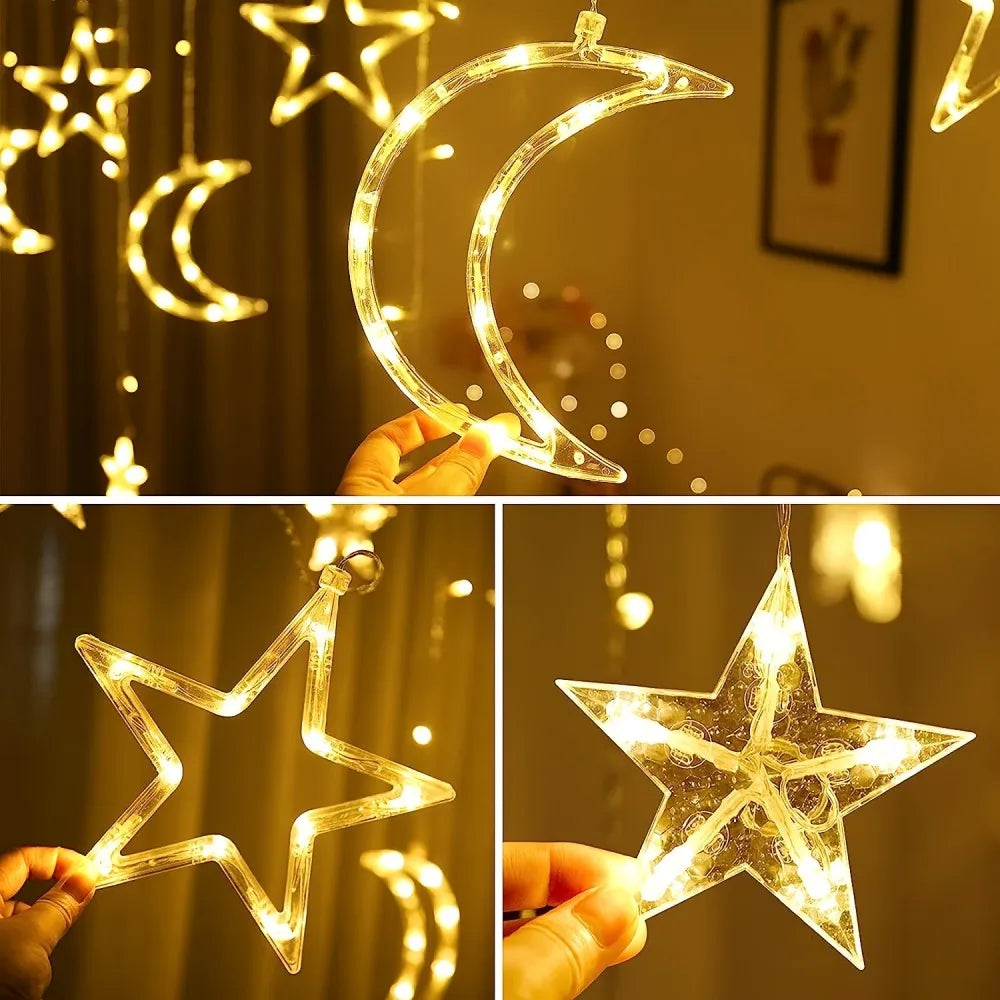 3.5M LED Romantic  Star & Moon String Lights - Battery Operated Festive Lighting Decor for Bedroom, Living Room, And Curtains,