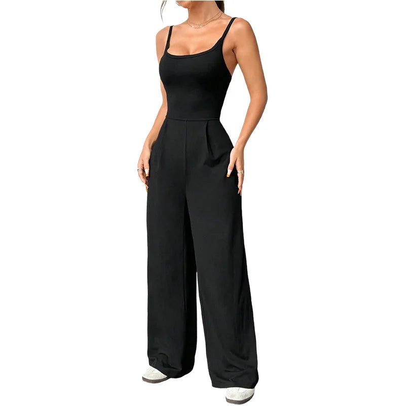 Casual Jumpsuit Jumpsuits For Woman Sling Women's Clothing Solid Color Backless Sleeveless Loose Wide Legs Trouser Simple Style