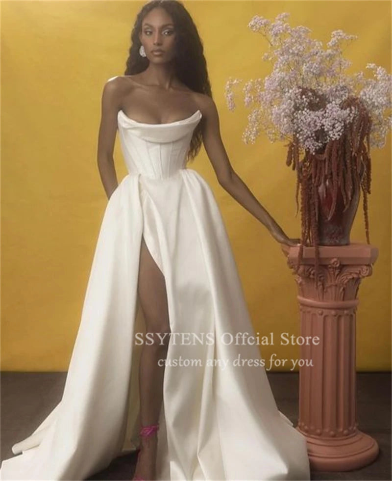 SSYTENS Classical Wedding Dresses for Woman White Satin High Slit Customized Vestidos De Novia Long Dress Women Elegant Party