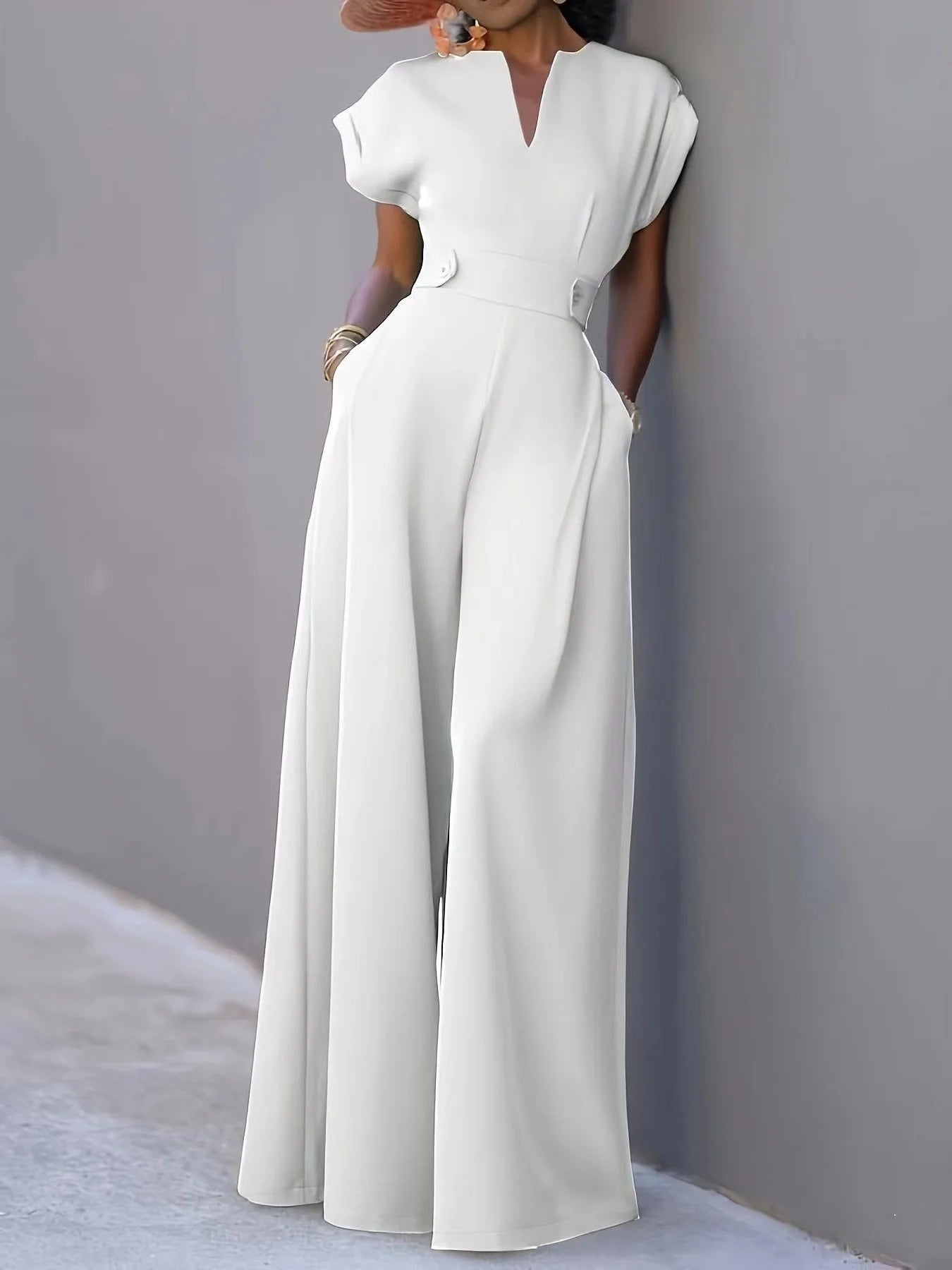 Elegant Women's Jumpsuits Fashion Solid Color V-neck High Waist Wide Leg Sleeveless Jumpsuit Temperament New Female Clothing