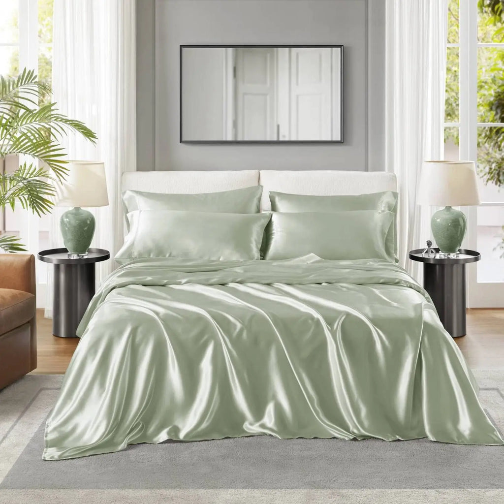 Cal King Satin Sheet Set 4 Pcs Luxury Bedding Solid Color Modern Style Machine Washable Bedroom Essentials