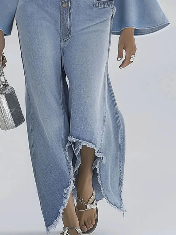 2025 Loose Solid Color Denim Style Jumpsuits Women Single-Breasted Casual Autumn Winter Flare Sleeve Turn-Down Collar Playsuits