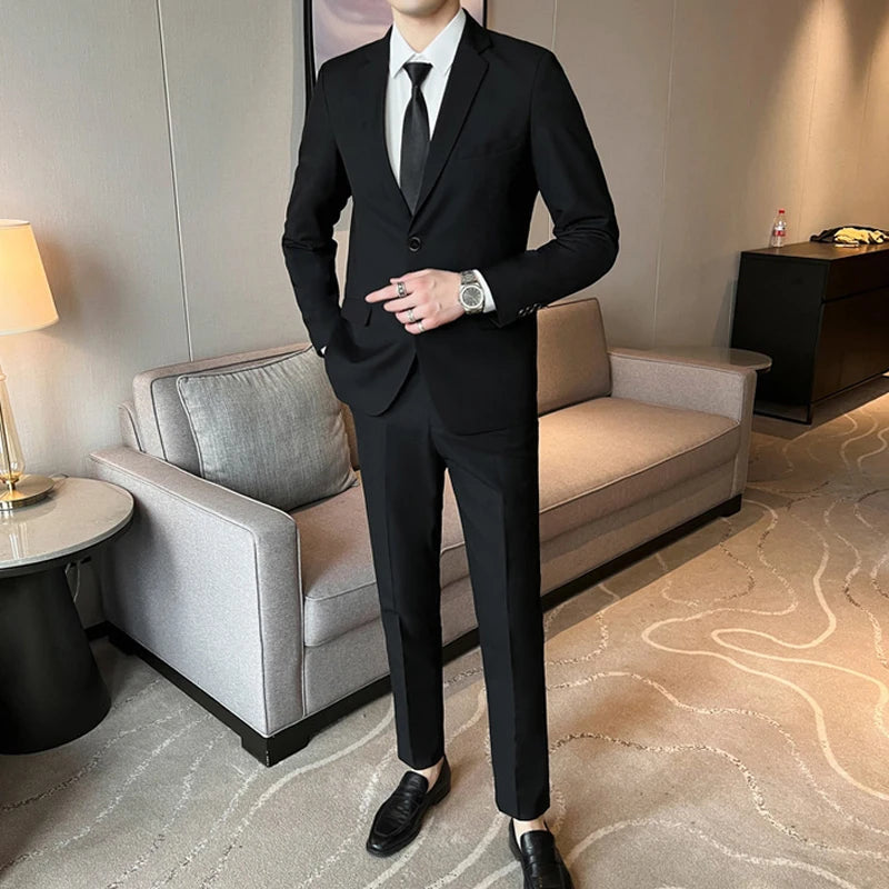 Suits for Men Korean Fashion Long Sleeve Slim Fit Wedding Business Blazer Black Professional Formal Suit Pants Sets Ropa Hombre