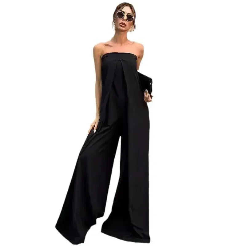 Spring Summer New Women's Solid Color Long Jumpsuits Elegant Sexy Off Shoulder Sleeveless High Waist Slim Straight Jumpsuit