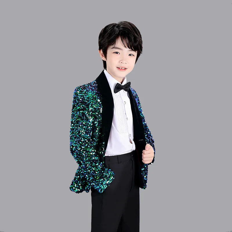 Men Prom Suit Child Solid Discoloration Sequins Gown Boy Catwalk Piano Performance Little Host Suit Perform Suits