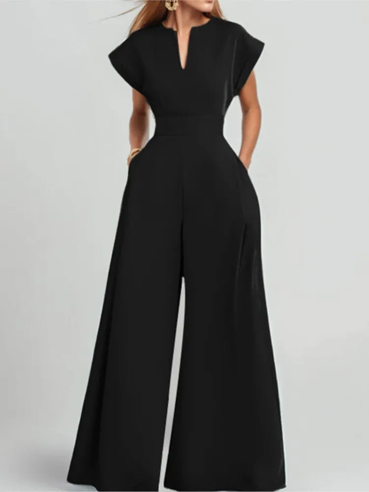 Elegant Summer Fashion Women Jumpsuits Elegant Short Sleeve Small V-neck Slim High Waist Pocket Wide Leg Pants Office Clothing