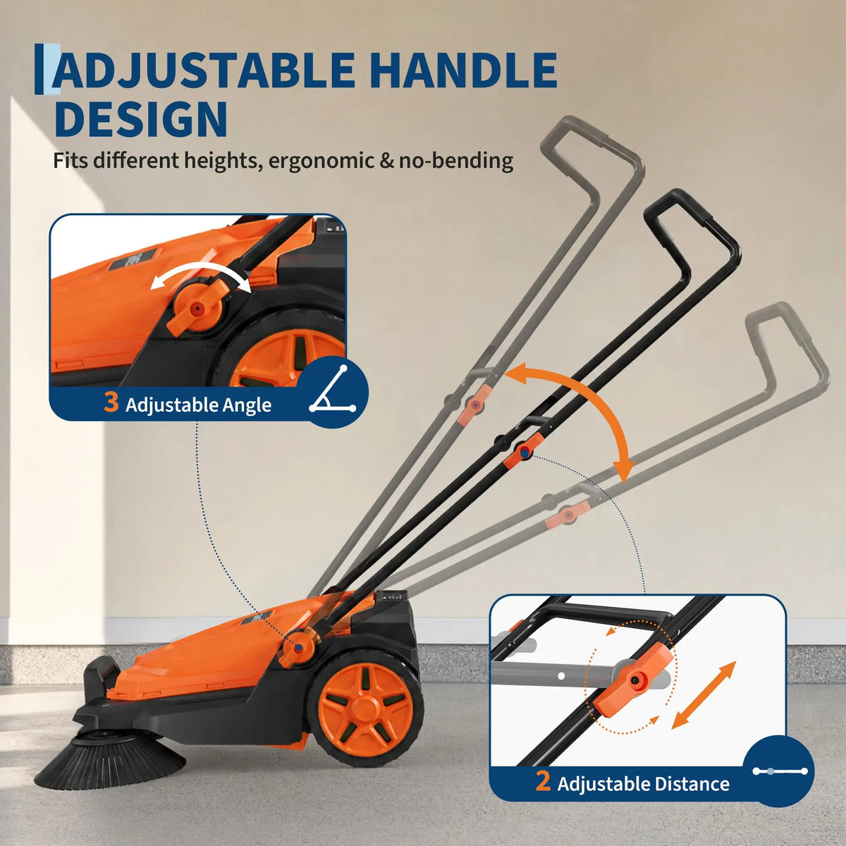 Manual Walk-Behind Push Sweeper 25.6 in Wide Non-Electric Outdoor Floor/Yard Sweeper with 5-Gallon Waste Bin, Adjustable Folding Handle for Garage Patio Driveway