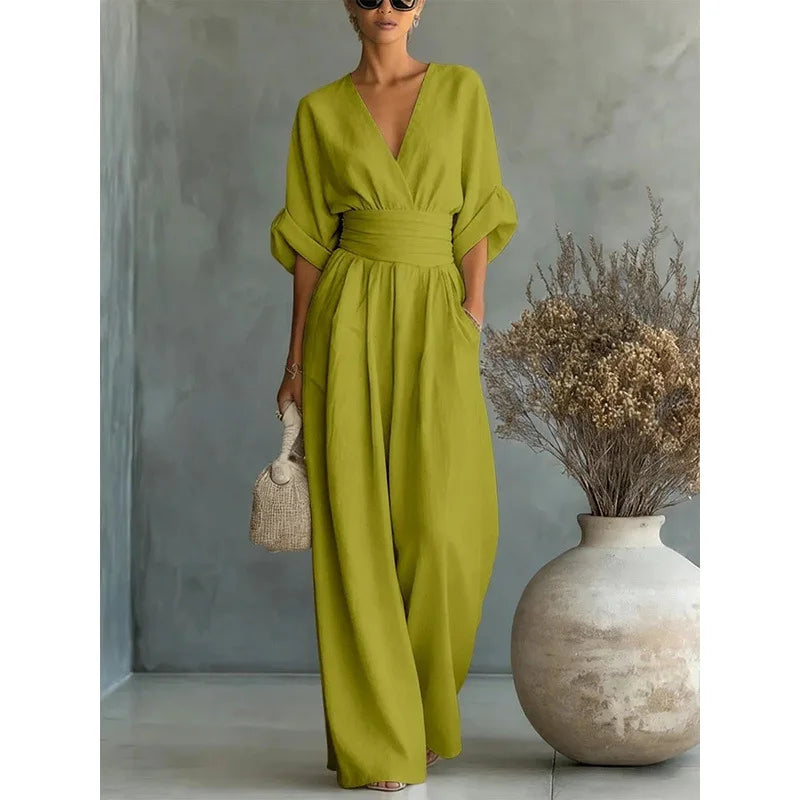 Women's Jumpsuit Fashion High Waist V-neck Casual Jumpsuits Sexy  Solid Color Office Wide Leg Trousers Overalls Vacation Outfit