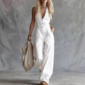 2026 Summer Elegant V-neck Party Jumpsuit Women Casual Sleeveless Pocket Solid Color Party Romper Fashion Button Linen Playsuits