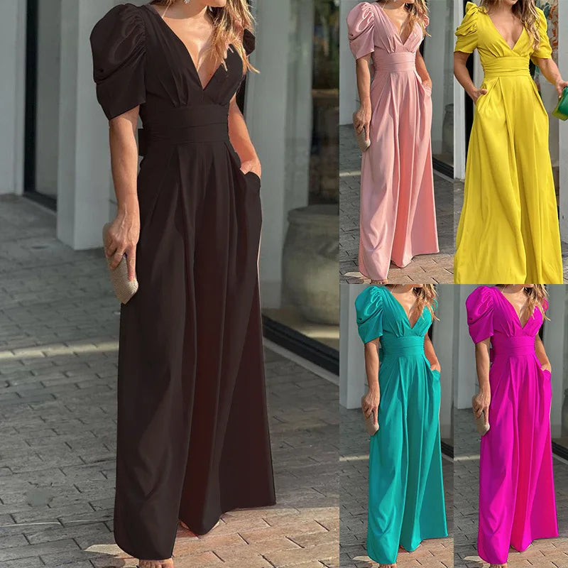 2025 New European American Short-sleeved Fashionable and Elegant Wide-leg Jumpsuits