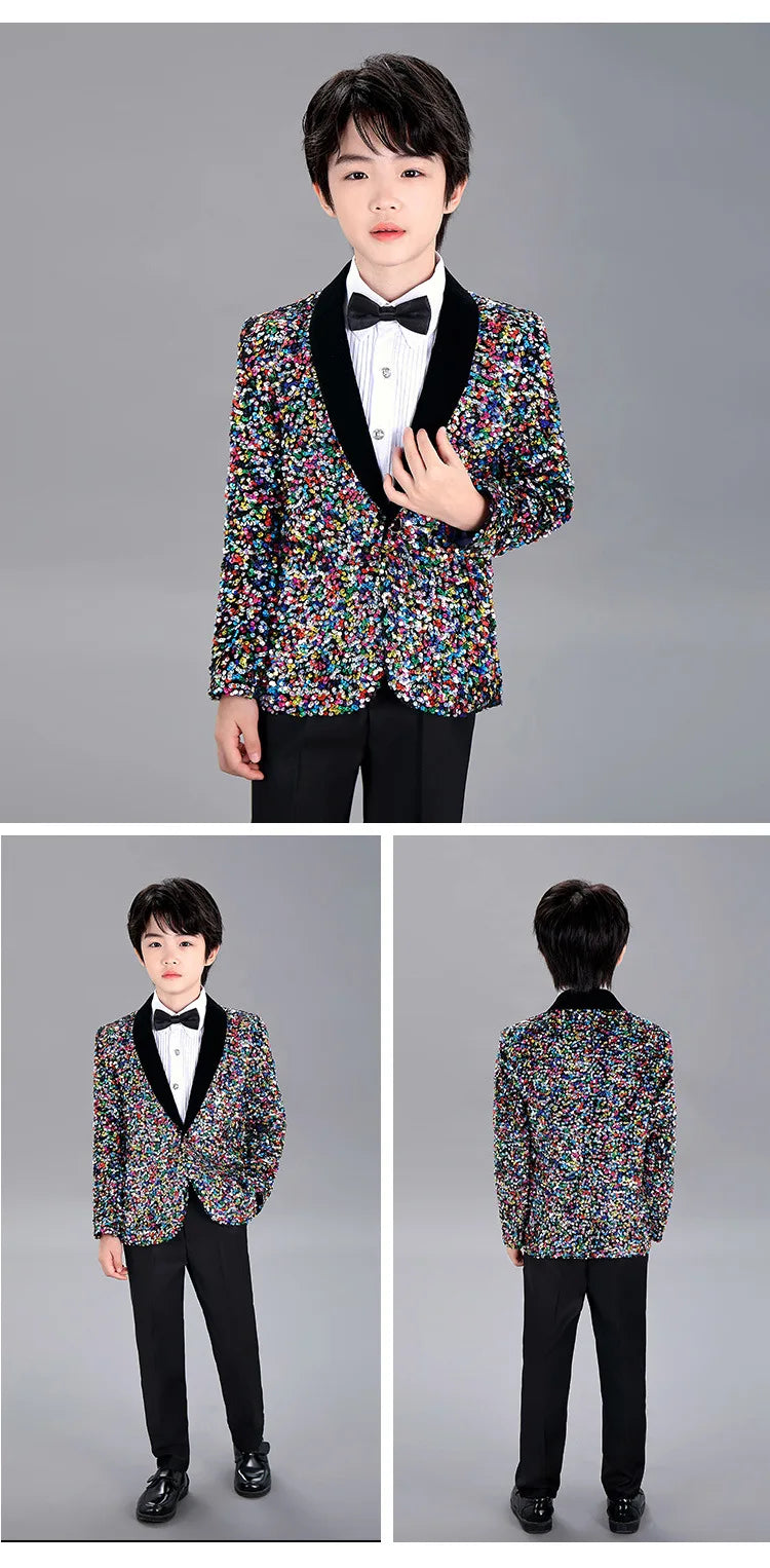 Men Prom Suit Child Solid Discoloration Sequins Gown Boy Catwalk Piano Performance Little Host Suit Perform Suits