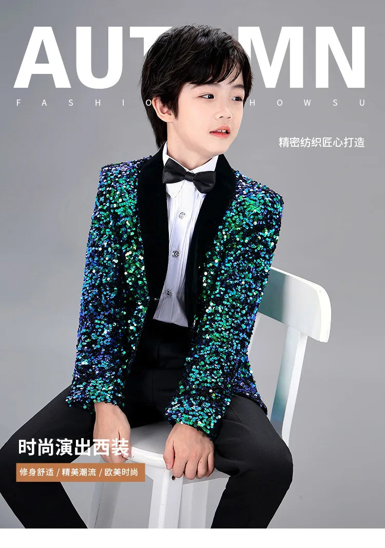 Men Prom Suit Child Solid Discoloration Sequins Gown Boy Catwalk Piano Performance Little Host Suit Perform Suits