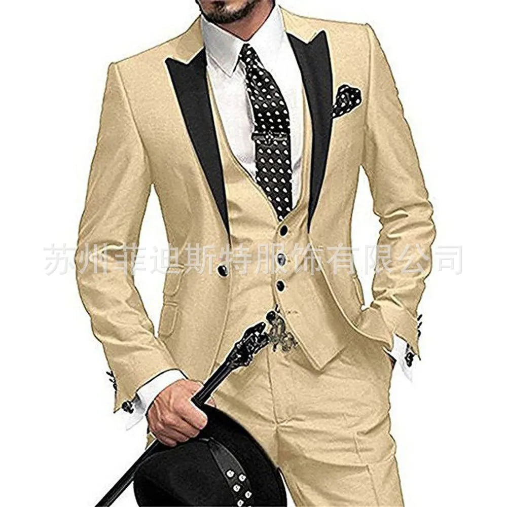 Fashion Men's 3piece Suit Sets Casual Trendy Business Solid Color Turn-down Collar Sngle Button Blazers Trousers Male Clothes