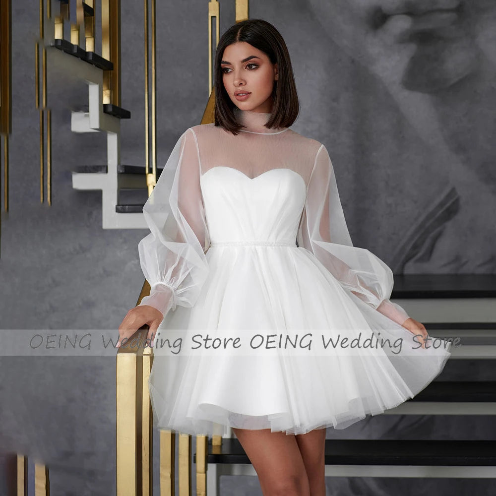 Wedding Dresses for Women 2023 Bride A Line Short Wedding Gown Puff Sleeves Illusion High Collar Sweetie Bridal Dress White