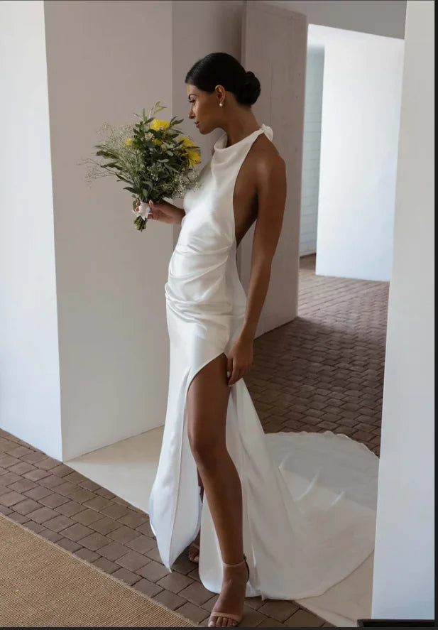 Custom Made High neck Satin Sheath Wedding Dresses