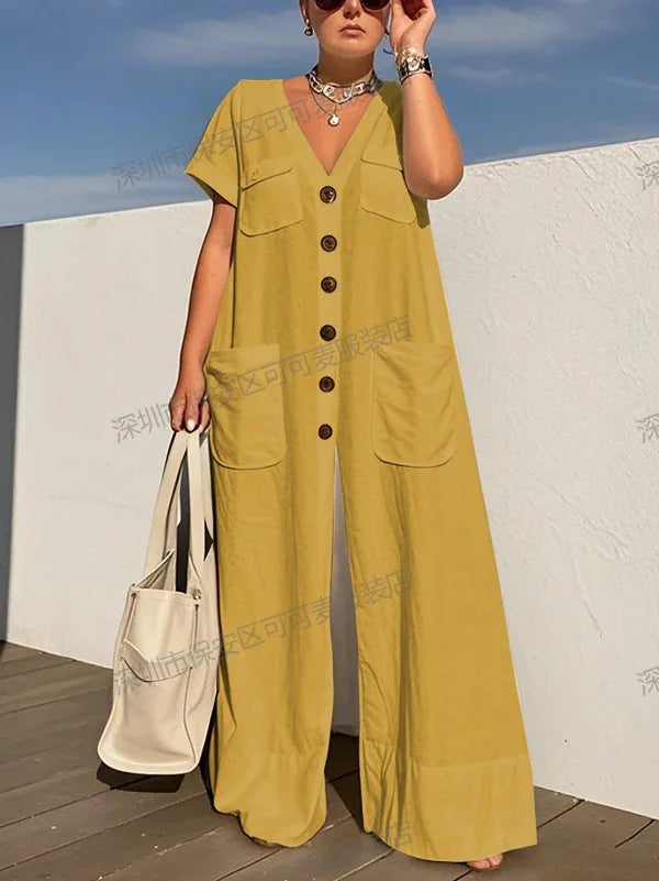 New Summer V-neck Single-breasted Women's Jumpsuits Fashion Pocket Elegant Office Rompers Casual Loose Oversized Women Jumpsuit