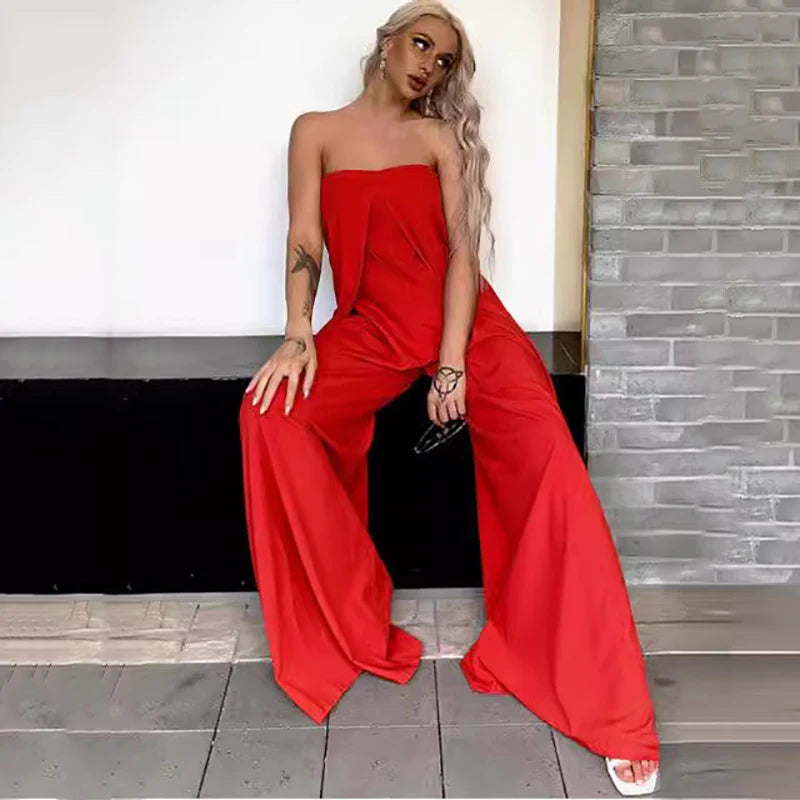 Spring Summer New Women's Solid Color Long Jumpsuits Elegant Sexy Off Shoulder Sleeveless High Waist Slim Straight Jumpsuit
