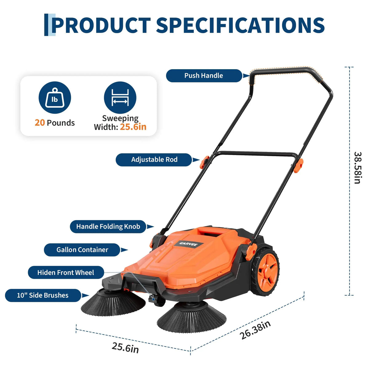 Manual Walk-Behind Push Sweeper 25.6 in Wide Non-Electric Outdoor Floor/Yard Sweeper with 5-Gallon Waste Bin, Adjustable Folding Handle for Garage Patio Driveway