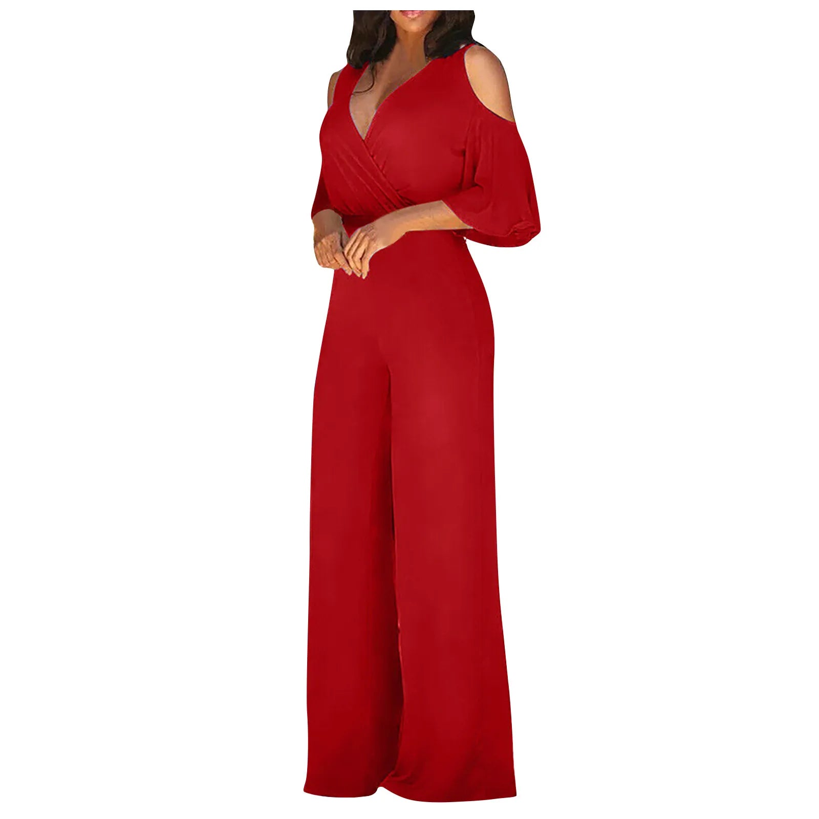 Jumpsuit Summer Pure Color Women Sexy Deep V Neck Short Sleeve Rompers Fashion Slim Fit Lace Up Elegant Female Wide Leg Jumpsuit