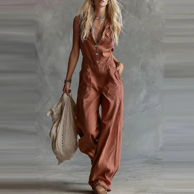 2026 Summer Elegant V-neck Party Jumpsuit Women Casual Sleeveless Pocket Solid Color Party Romper Fashion Button Linen Playsuits