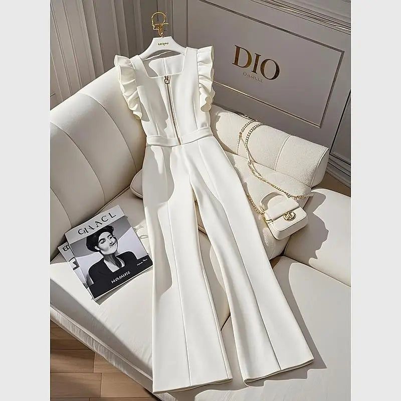 2025 Women's Jumpsuit Professional Casual Sexy Versatile High-Waisted Wide-Leg Pants with a High-End Drape Effect White Overalls for Women