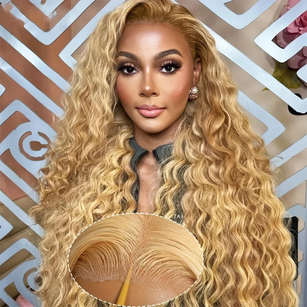 Kinky Curly Soft 26Inch Long Honey Blonde Lace Front Wig For Women Synthetic Preplucked Glueless Heat Resistant  Daily Wear Wig