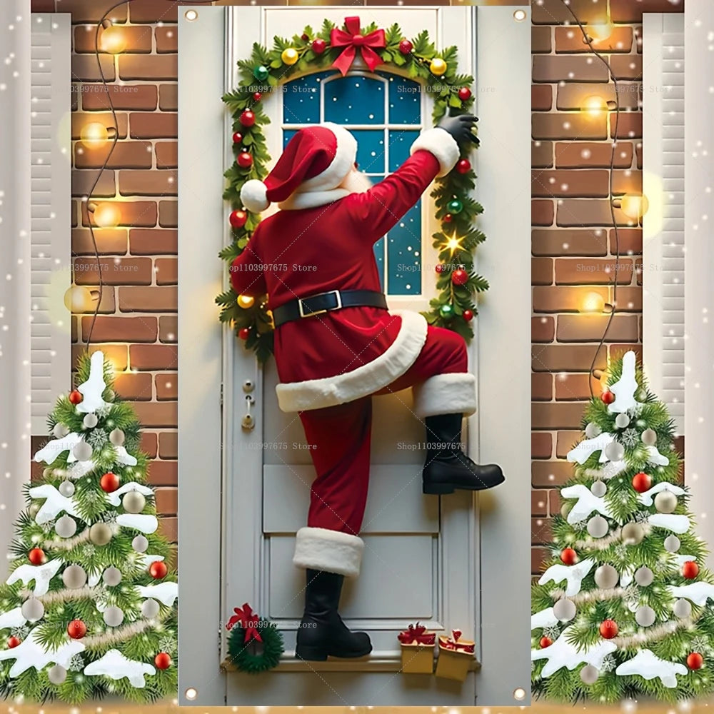 Merry Christmas Santa Claus Trees Decor Door Banner Photography Backdrop Indoor Outdoor Wall Porch Background Party Supplies