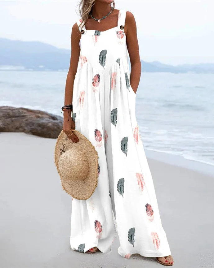2024 European and American women's summer new digital printed jumpsuit with fashionable ethnic style buttons