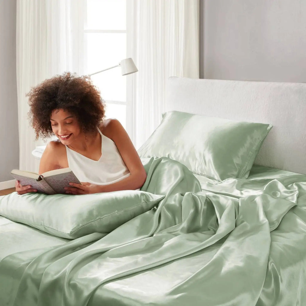 Luxury Satin King Sheet Set Solid Light Green 4 Pcs Modern Bedding for Bedroom Machine Wash Woven Fabric