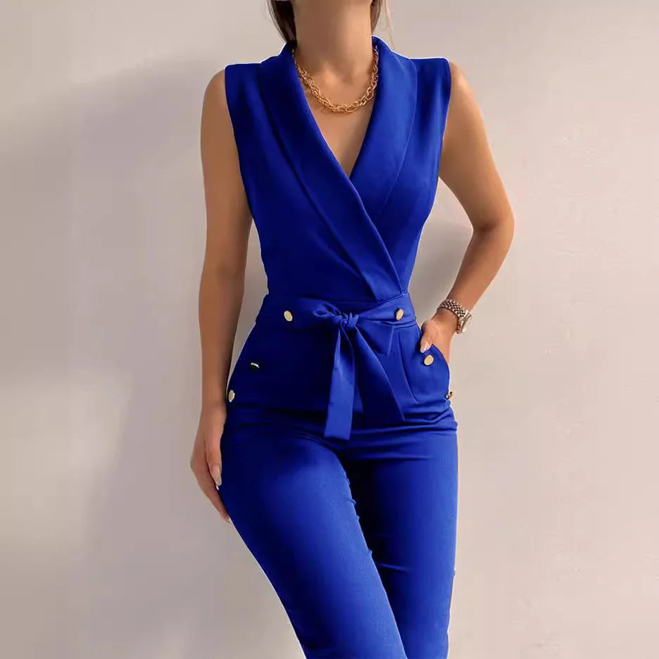 Women's Sleeveless Jumpsuit Solid Color Overall Bodysuit Clothing Office Style V-neck Lace-up Jumpsuits High Waist Belt Pants