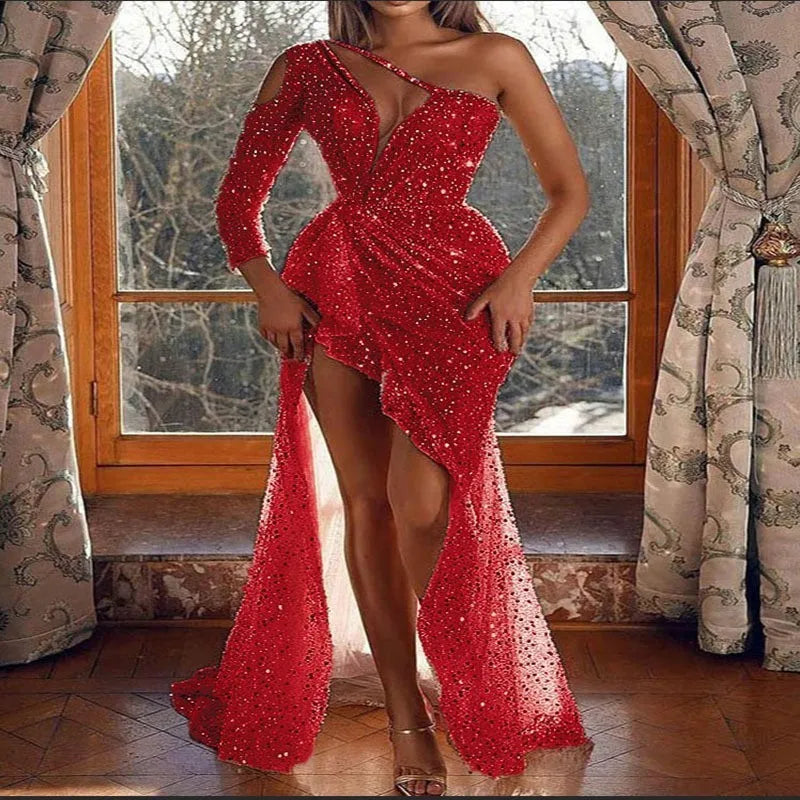 Women's Formal Evening Dresses Sexy Sequin One Shoulder Long Dress for Party Gatherings Banquets Proms Weddings Formal Events