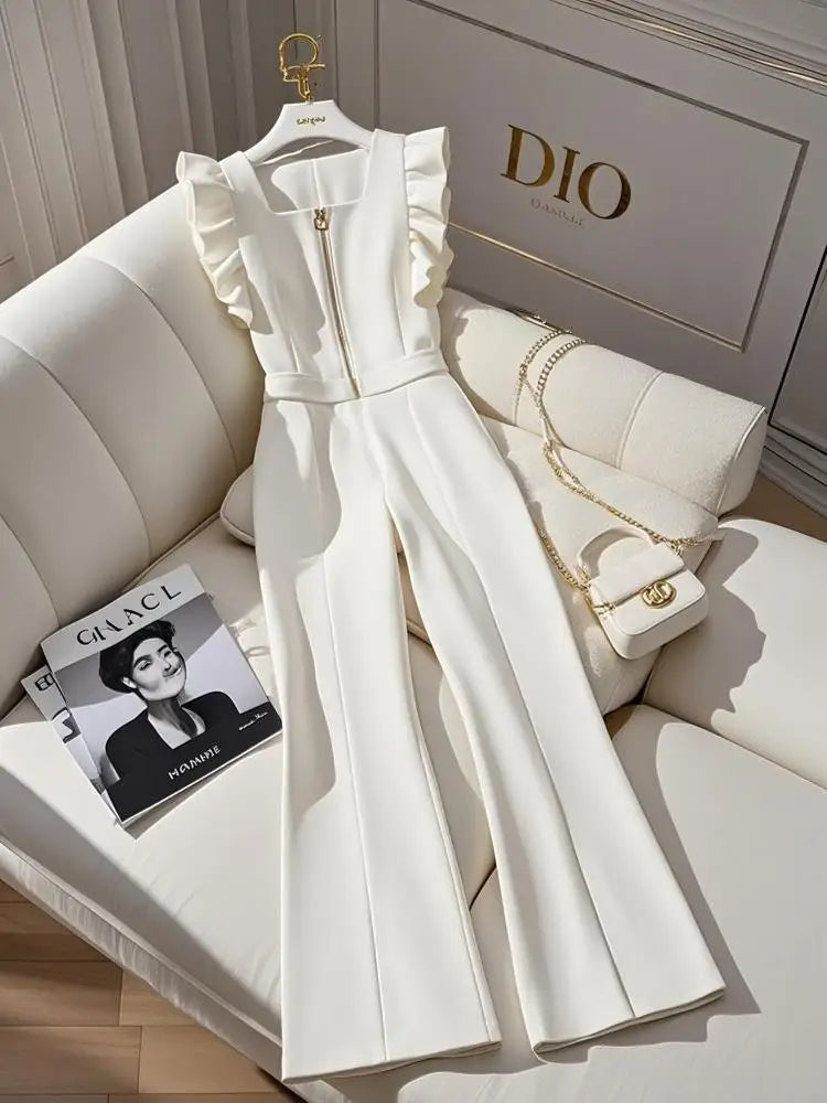 2025 Women's Jumpsuit Professional Casual Sexy Versatile High-Waisted Wide-Leg Pants with a High-End Drape Effect White Overalls for Women