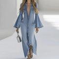2025 Loose Solid Color Denim Style Jumpsuits Women Single-Breasted Casual Autumn Winter Flare Sleeve Turn-Down Collar Playsuits