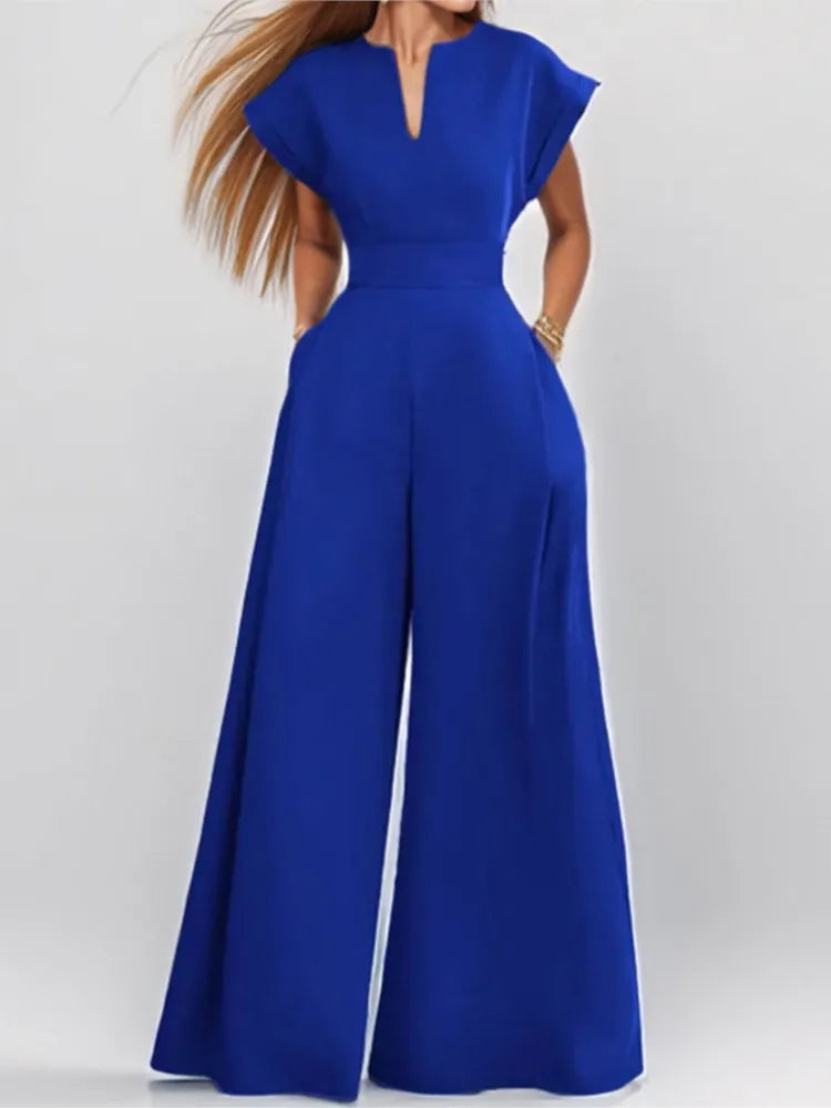 Elegant Summer Fashion Women Jumpsuits Elegant Short Sleeve Small V-neck Slim High Waist Pocket Wide Leg Pants Office Clothing
