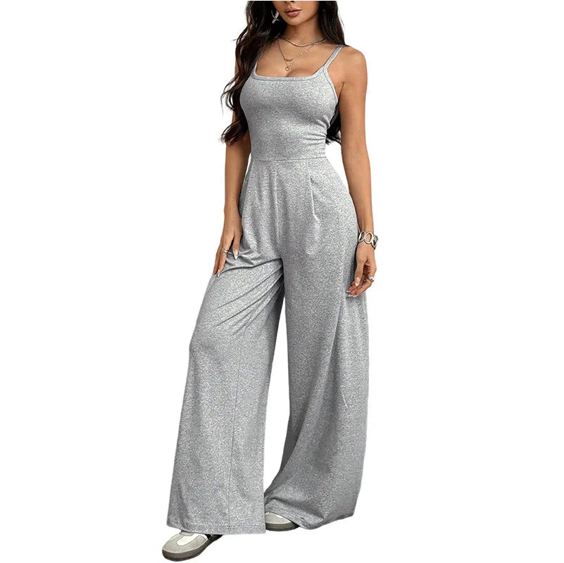 Casual Jumpsuit Jumpsuits For Woman Sling Women's Clothing Solid Color Backless Sleeveless Loose Wide Legs Trouser Simple Style
