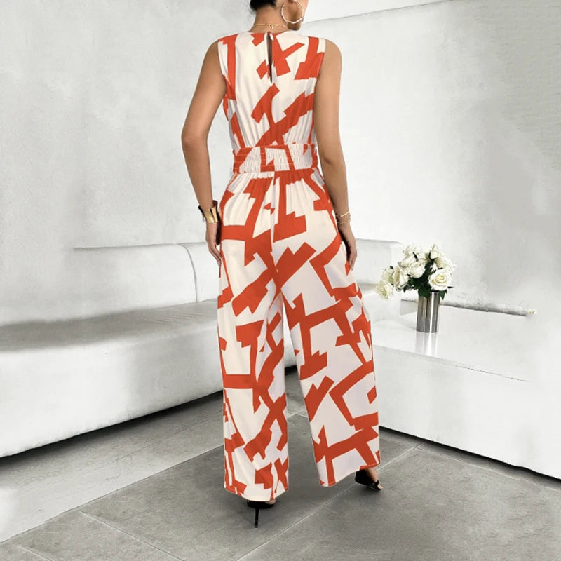 Summer Fashion Vacation Style Jumpsuits for Women Casual V Neck Sleeveless Color Blocking Lace Up High Waist Wide Leg Jumpsuit