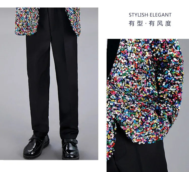 Men Prom Suit Child Solid Discoloration Sequins Gown Boy Catwalk Piano Performance Little Host Suit Perform Suits