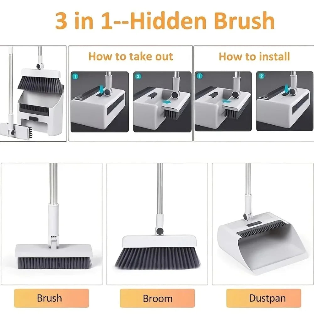 3-in-1 Broom and Dustpan Set Soft Bristles Hair-Free Long Handle Effortless Cleaning Compact Storage for Home Office