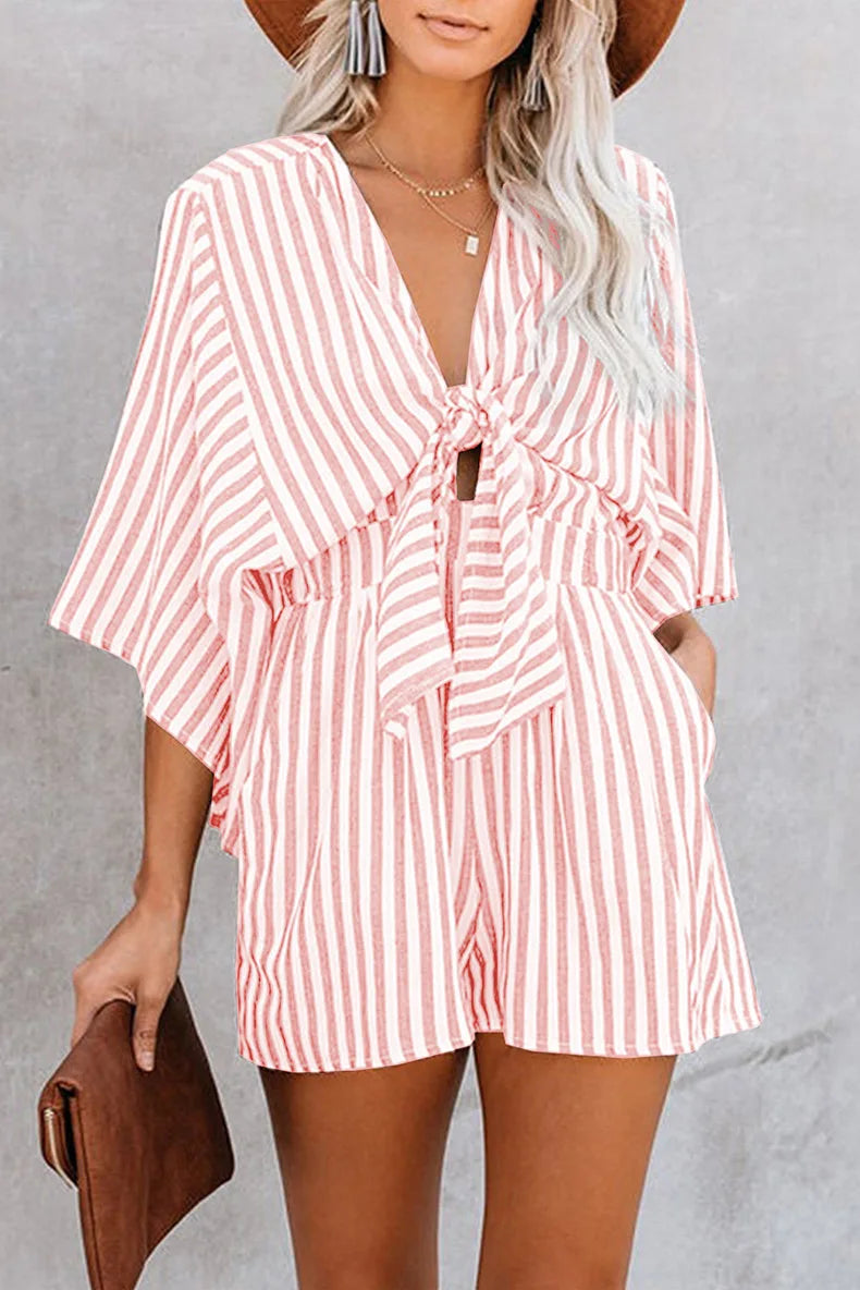 Summer waist slimming striped jumpsuit for women, European and American foreign trade deep V flared sleeve three quarter pants