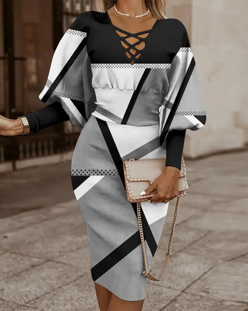 Dresses for Women 2022 Summer Autumn Fashion Casual V Neck Long Sleeve Hollow Out Waist Pack Hip Dress