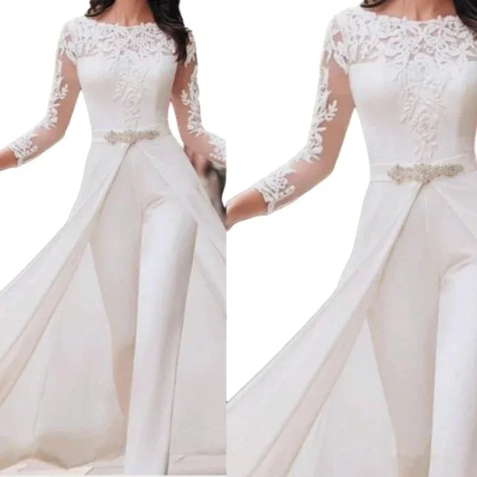 Women Jumpsuits Long Sleeve Spring Autumn Lace Rompers High Waist Cloak Pencil Pants White Slim Elegant Overalls for Women 2025