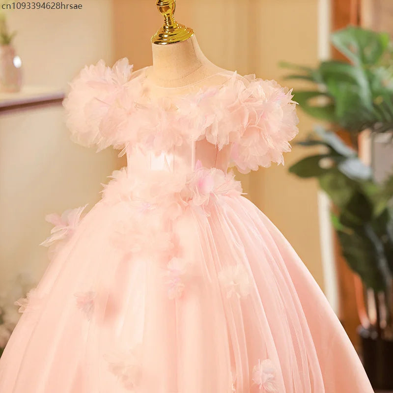 Wedding Flower Girl Dresses Pink Vestido Children Pageant Dresses Costume Princess Gown Host Piano Performance Outfit