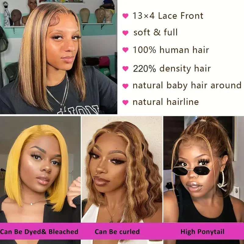 100% Human Hair Wigs 13x4 Lace Human Hair Lace Frontal Wig Ready Wear Bob Wigs 220Density For Black Women 4/27 Color Gold