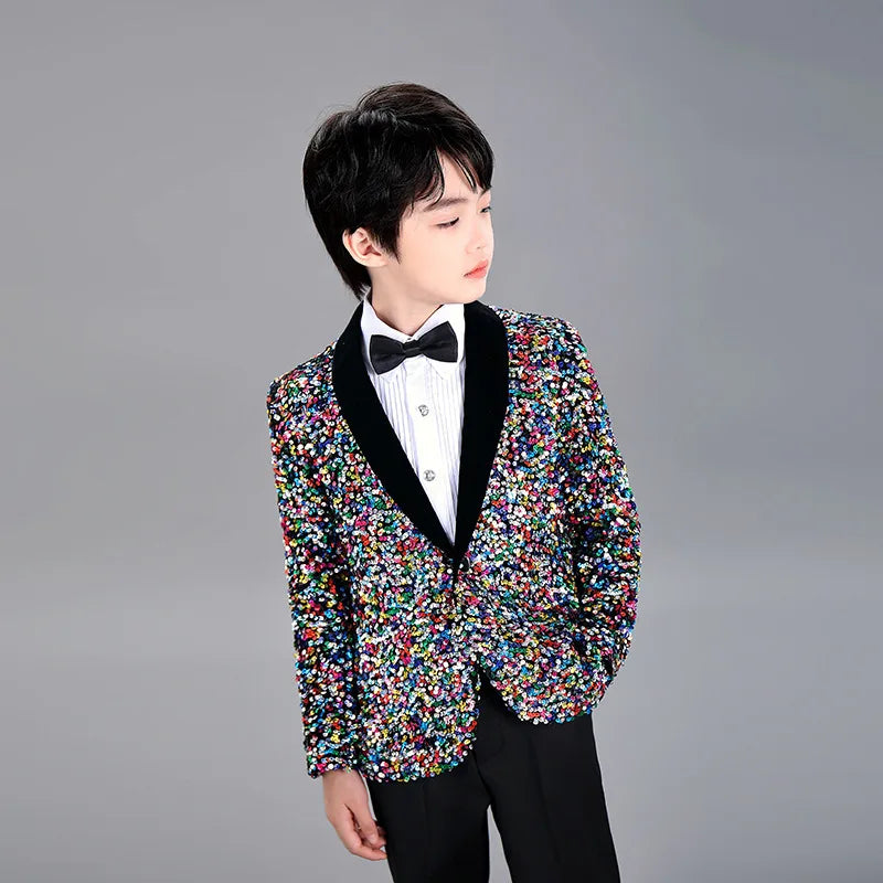 Men Prom Suit Child Solid Discoloration Sequins Gown Boy Catwalk Piano Performance Little Host Suit Perform Suits