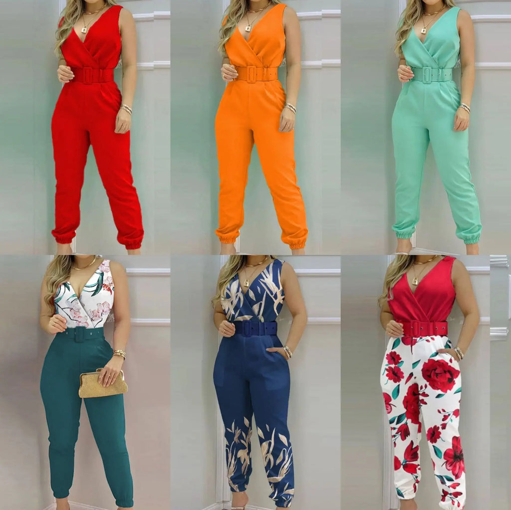 Summer Women Jumpsuits Elegant Office Lady Sexy V-neck Sleeveless Print Jumpsuits New Fashion With Belt Vest Playsuit Streetwear