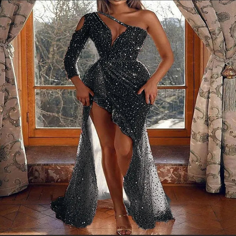 Women's Formal Evening Dresses Sexy Sequin One Shoulder Long Dress for Party Gatherings Banquets Proms Weddings Formal Events