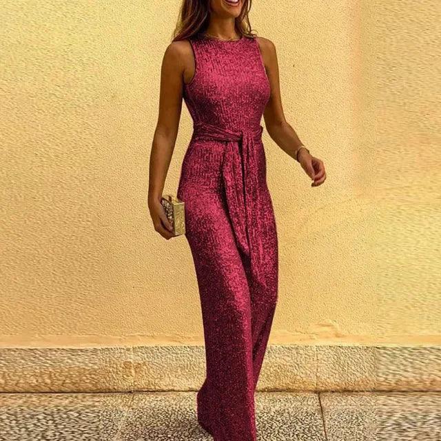 Women Jumpsuits Sexy Backless Sequins Elegant O Neck Sleeveless Lace Up Casual Rompers Glitter Party Clubwear Costume for Female